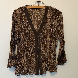 Violet & Claire 3/4 Sleeve Blouse Brown White Size Small Lace Boho